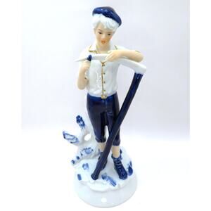 Vintage Porcelain Figurine Boy Sharpening Scythe Blue White Gold Light Academia